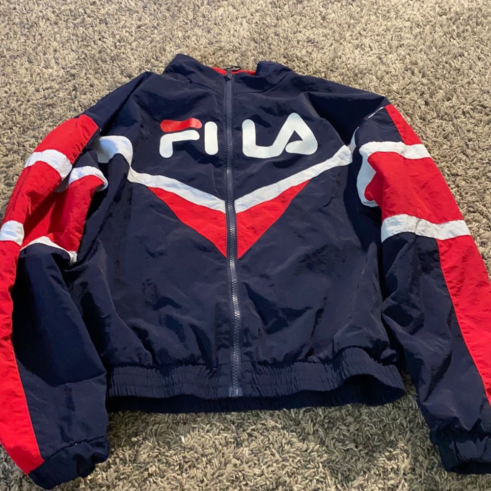 blue and red fila jacket. perfect for 4th of july!